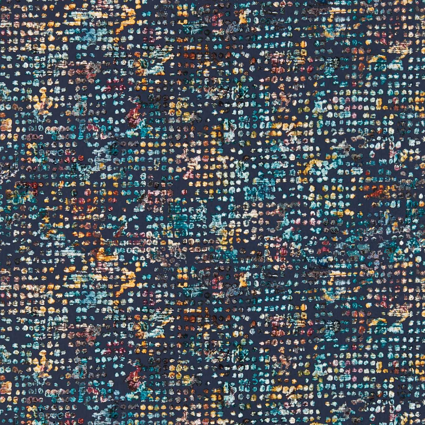 Midnight navy wallpaper with dense turquoise, coral, gold and pink pixel-like marks