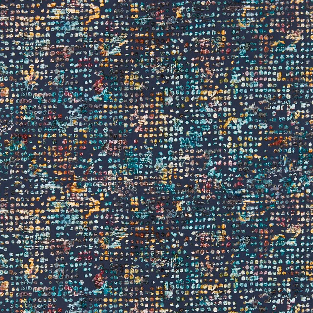 Midnight navy wallpaper with dense turquoise, coral, gold and pink pixel-like marks