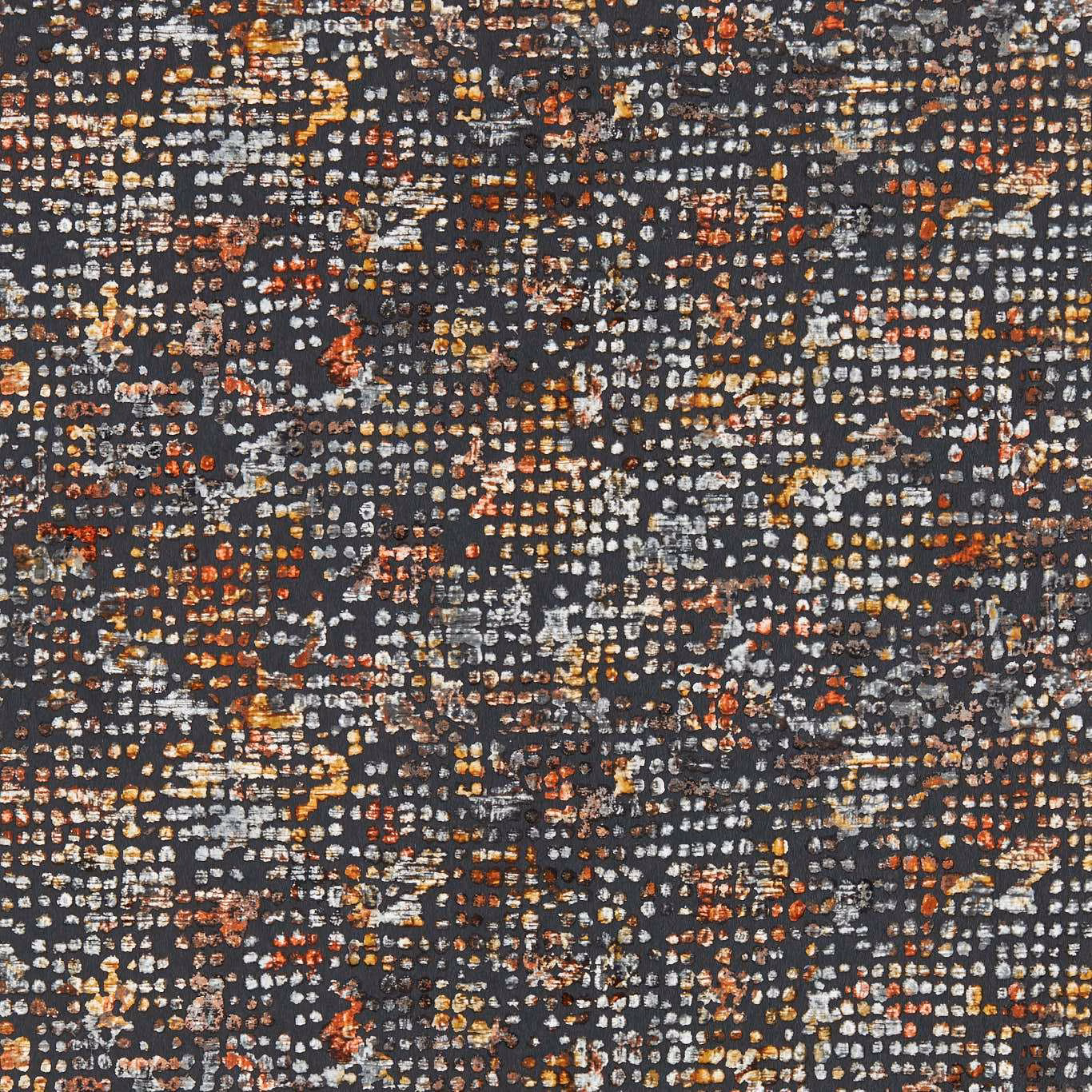 Charcoal wallpaper with dense rust, cream and blue-grey flecked mosaic pattern