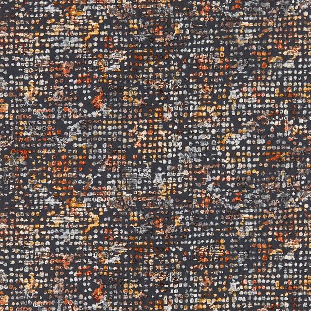 Charcoal wallpaper with dense rust, cream and blue-grey flecked mosaic pattern