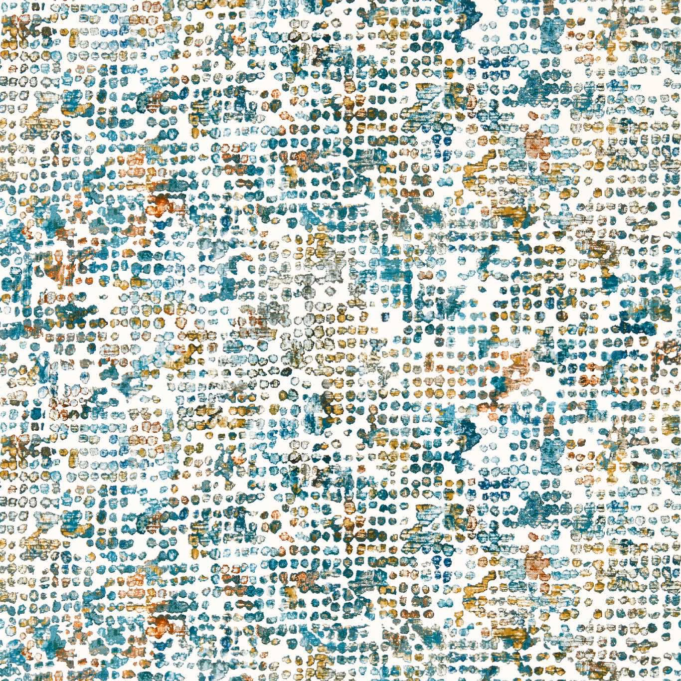 Dense teal and spice stippled wallpaper with pale ground and scattered abstract marks