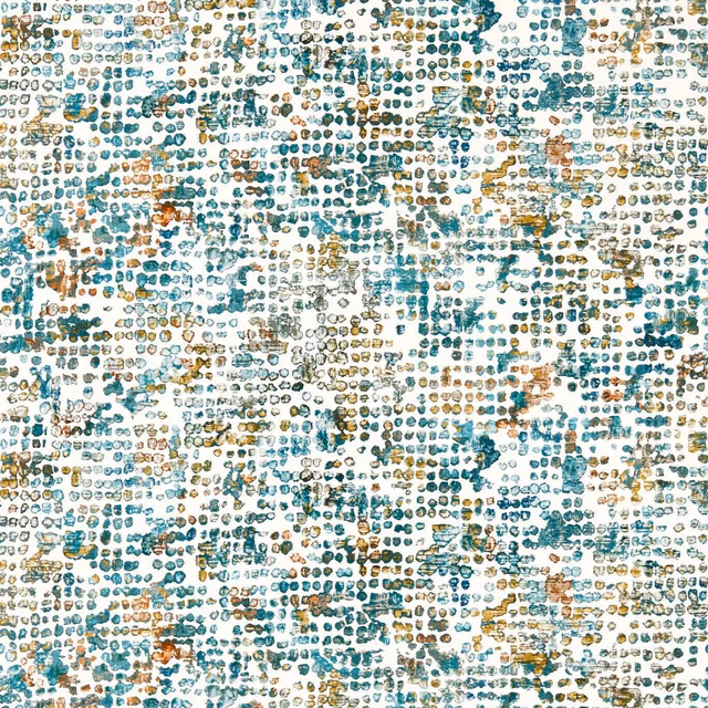 Dense teal and spice stippled wallpaper with pale ground and scattered abstract marks