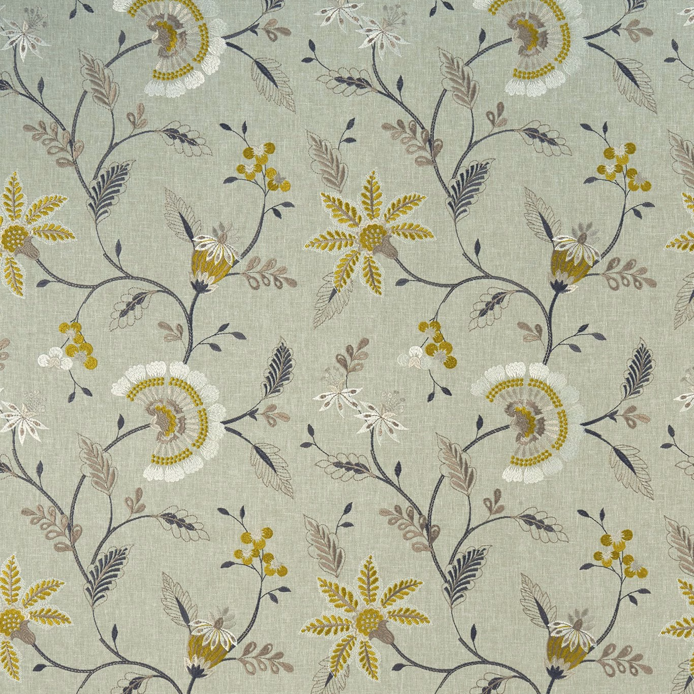 Muted chartreuse botanical fabric with mustard, ivory and charcoal curling flower stems