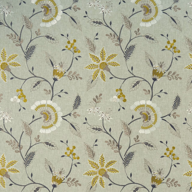 Muted chartreuse botanical fabric with mustard, ivory and charcoal curling flower stems
