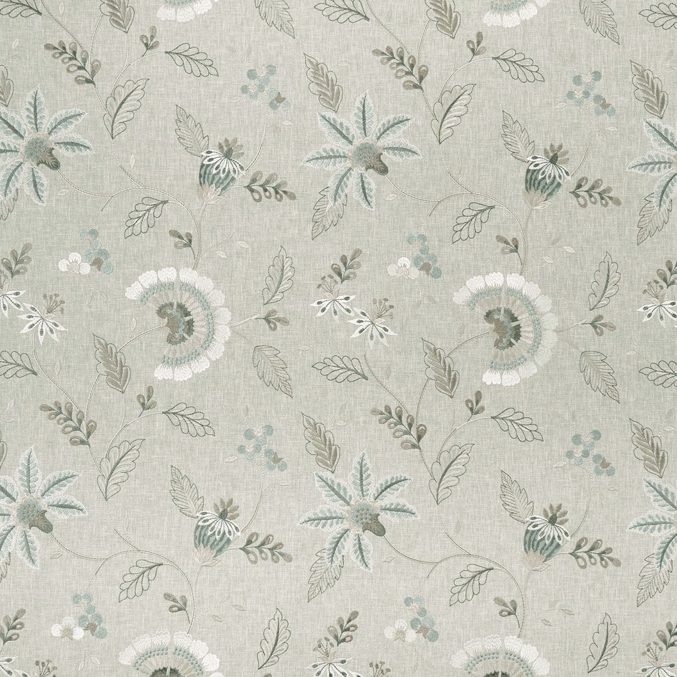 Muted duckegg floral fabric with outlined leaves, rosettes and textured blue-green ground