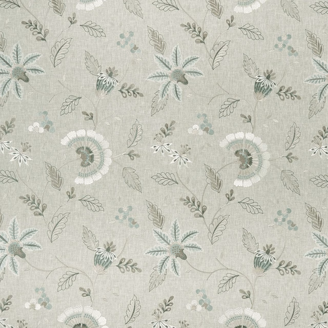 Muted duckegg floral fabric with outlined leaves, rosettes and textured blue-green ground