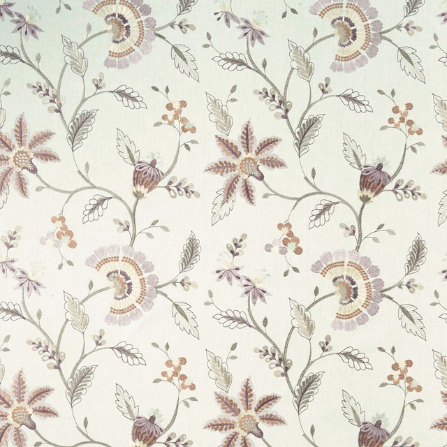 Muted mauve and peach botanical blooms on a pale sage-grey ground