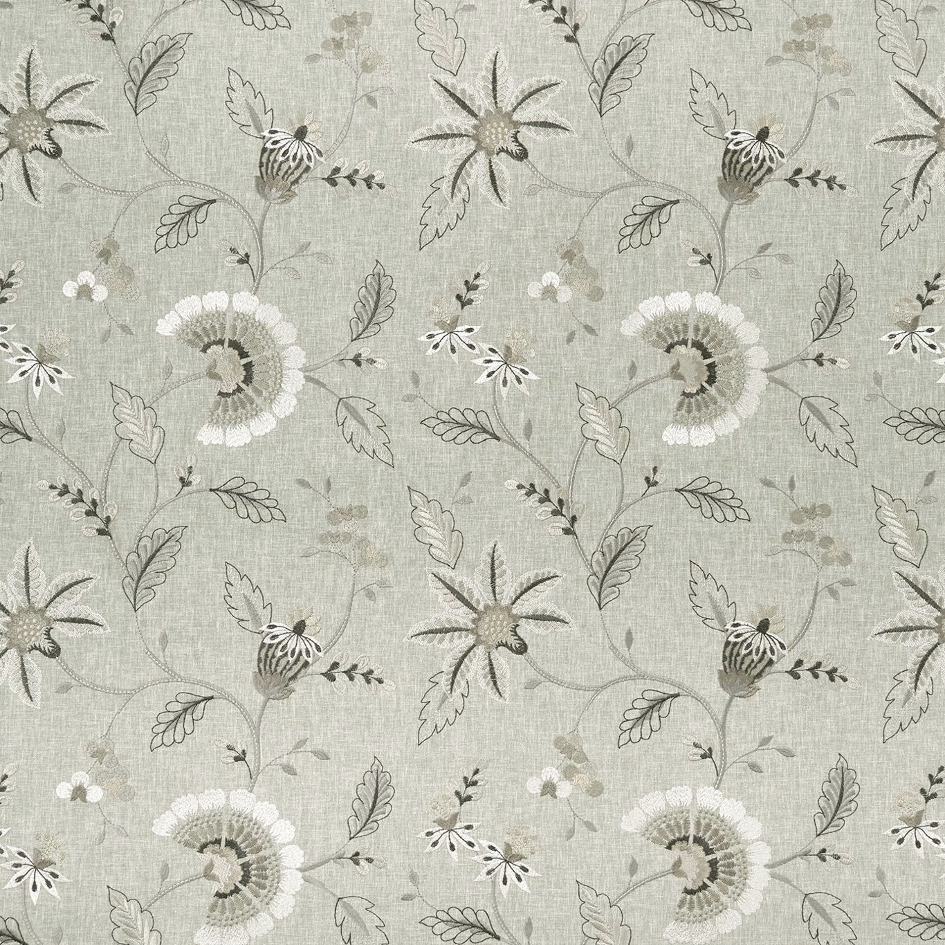 Soft greige woven floral with white daisies, charcoal outlines and muted olive stems