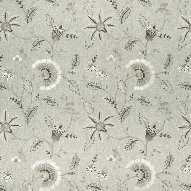 Soft greige woven floral with white daisies, charcoal outlines and muted olive stems