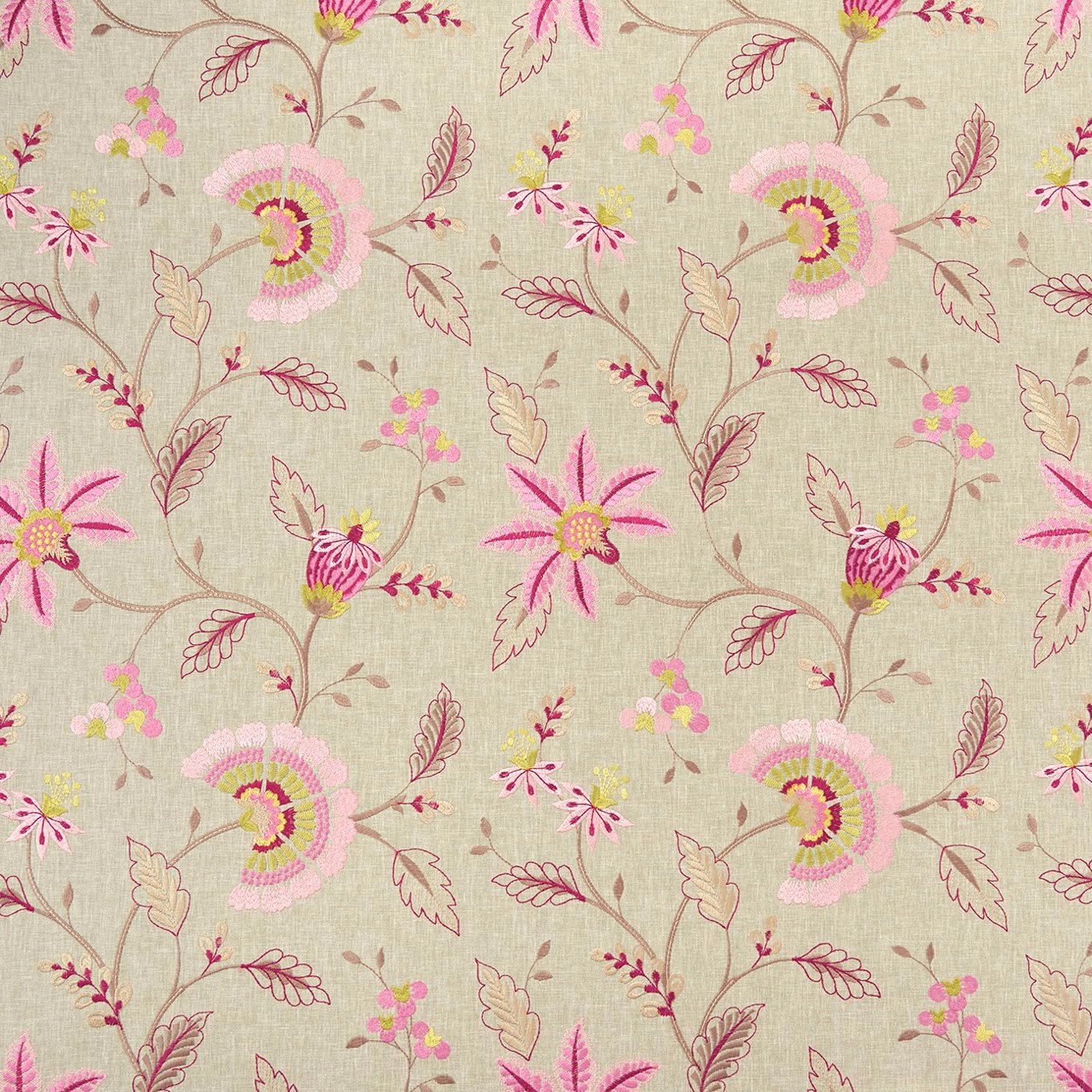 Warm beige floral fabric with raspberry pink blooms, leafy trails and woven texture