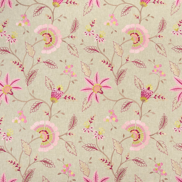 Warm beige floral fabric with raspberry pink blooms, leafy trails and woven texture