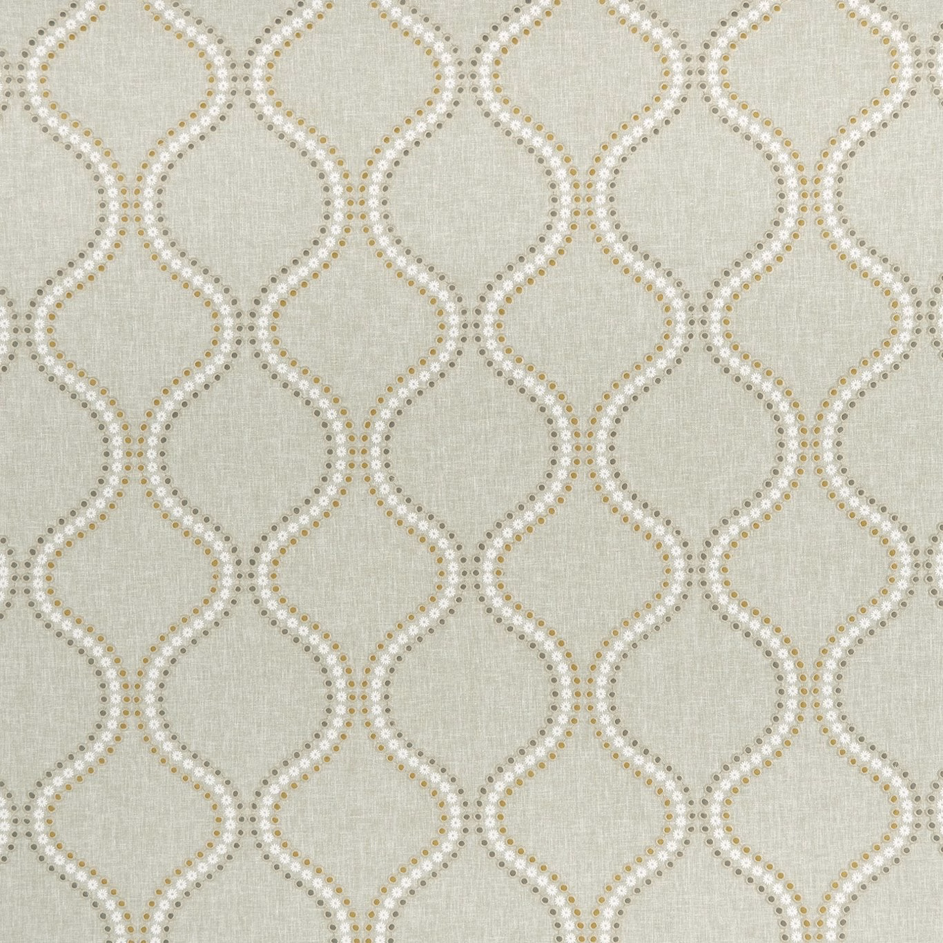 Pale chartreuse woven fabric with ivory-gold dotted looping trellis motif