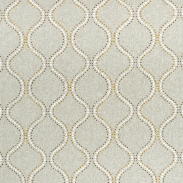 Pale chartreuse woven fabric with ivory-gold dotted looping trellis motif