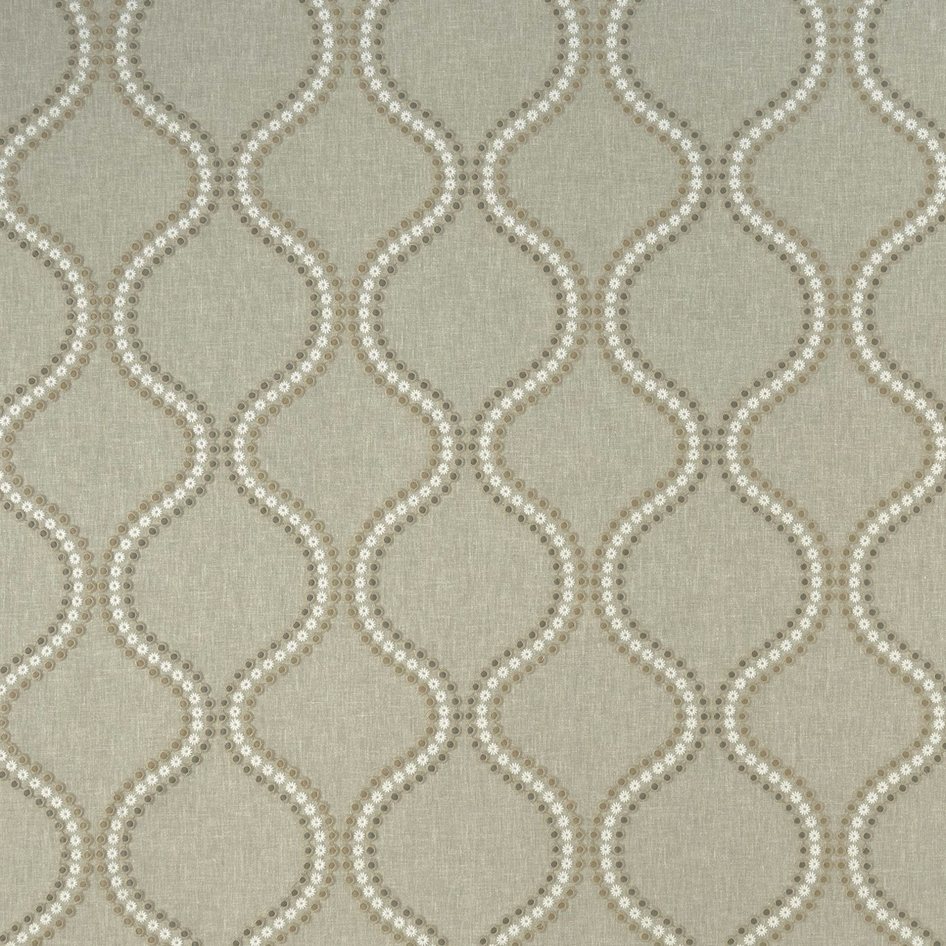 Cool dove-grey woven textile with looping taupe dotted lines and fine texture