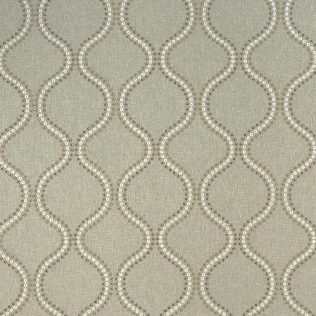 Cool dove-grey woven textile with looping taupe dotted lines and fine texture