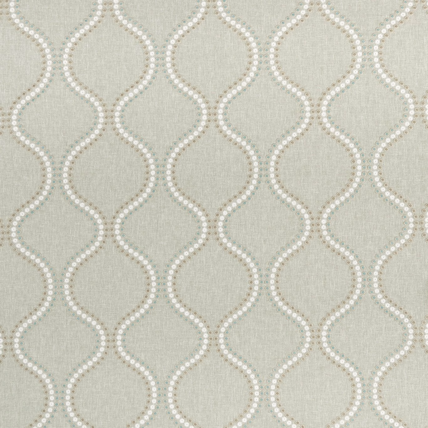 Pale duckegg woven fabric with ivory dotted looping trellis motif