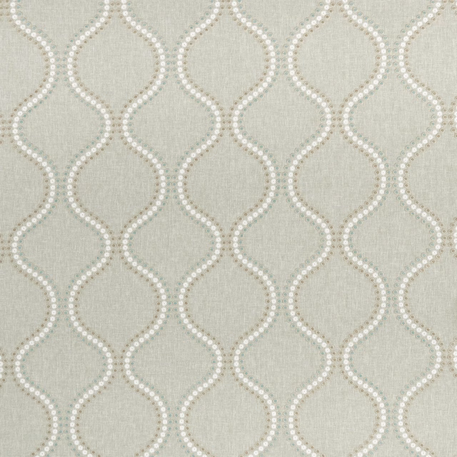 Pale duckegg woven fabric with ivory dotted looping trellis motif