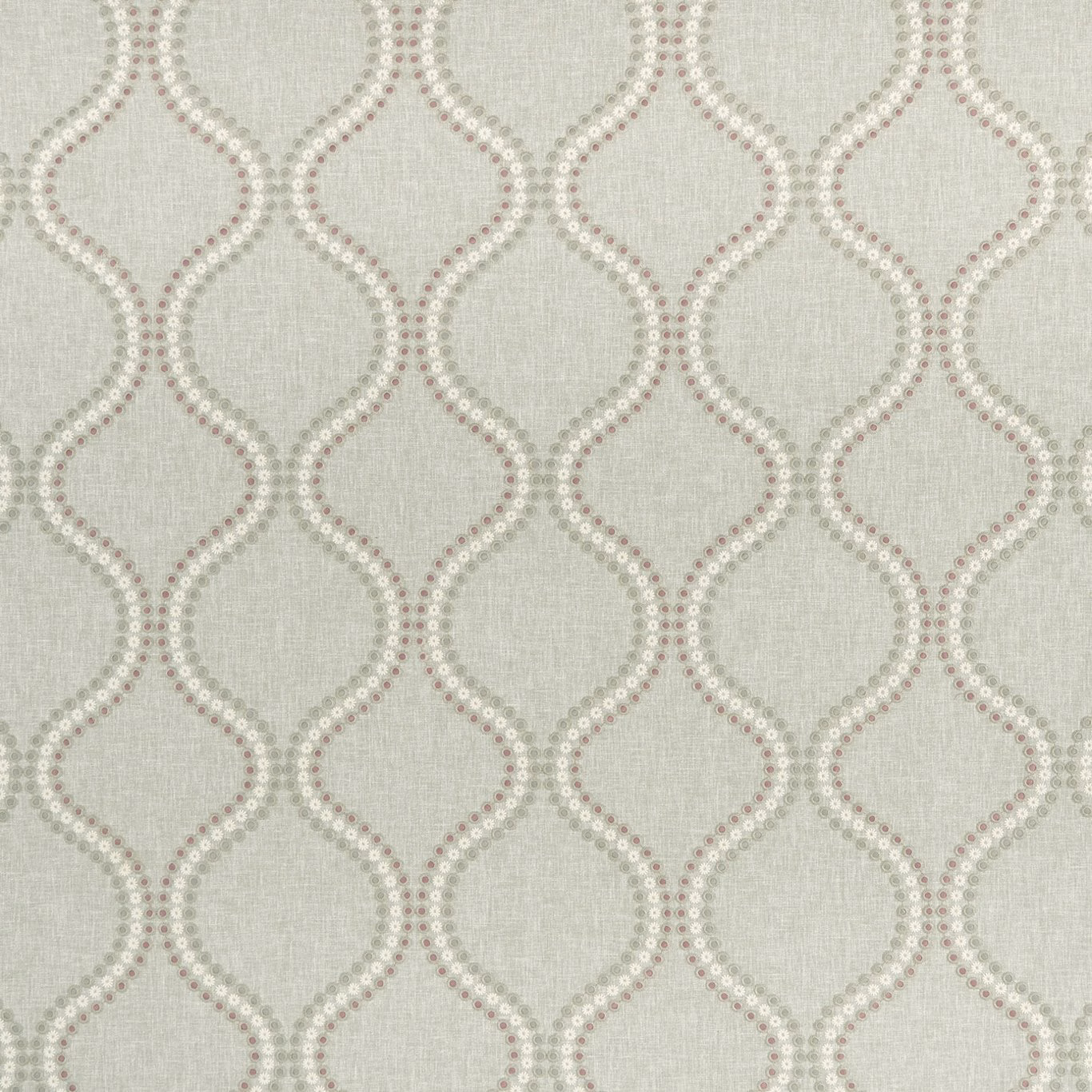Soft sage-grey fabric with looping trellis lines and dotted pale detailing