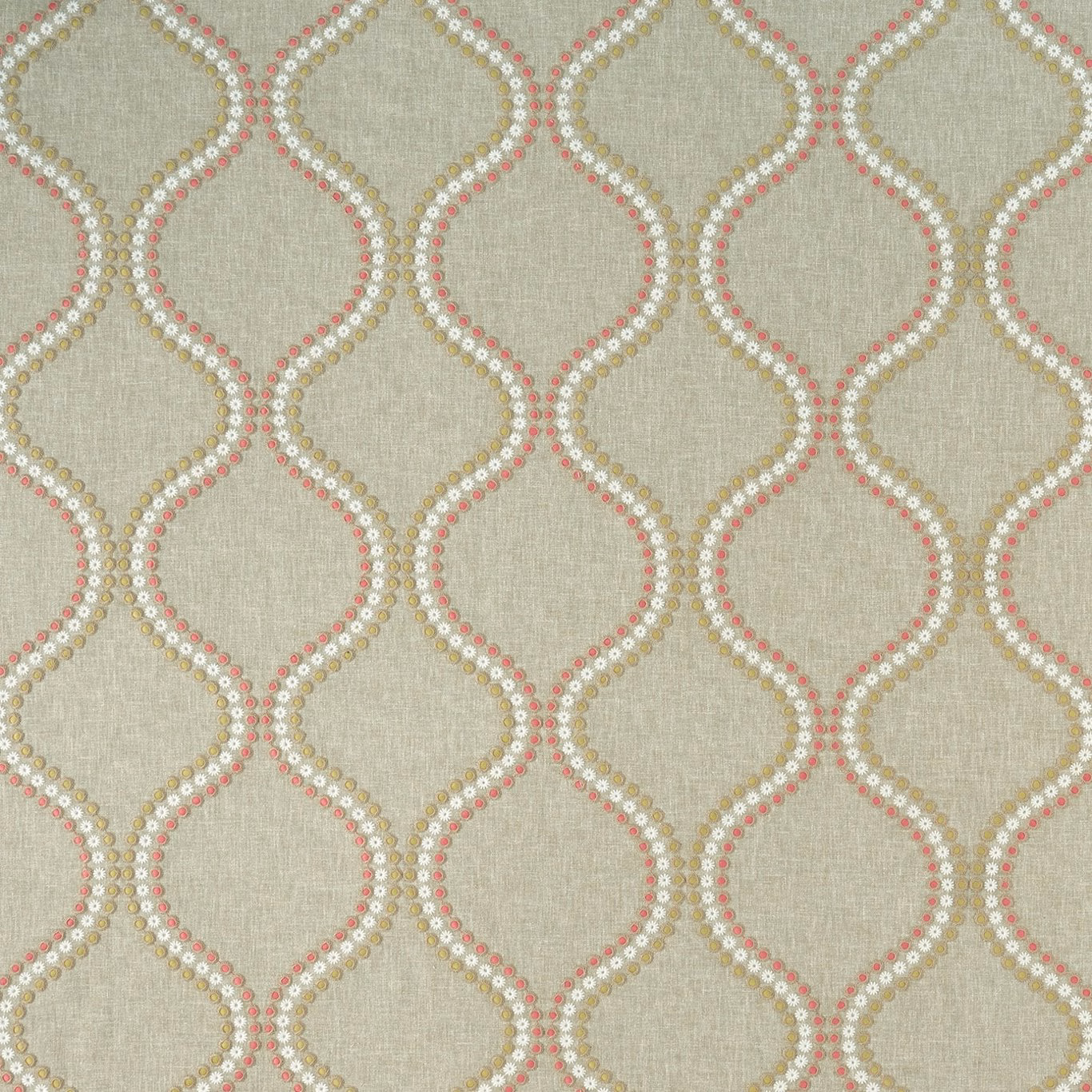 Muted apple-green woven ground with pink and ivory looping trellis lines