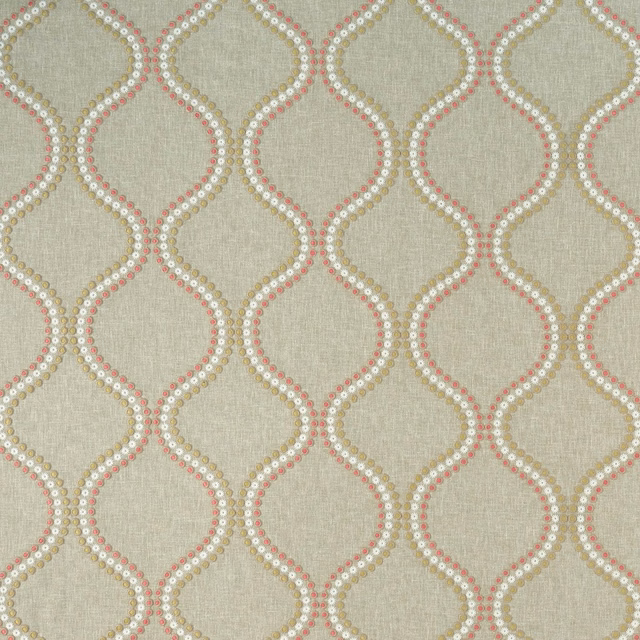 Muted apple-green woven ground with pink and ivory looping trellis lines