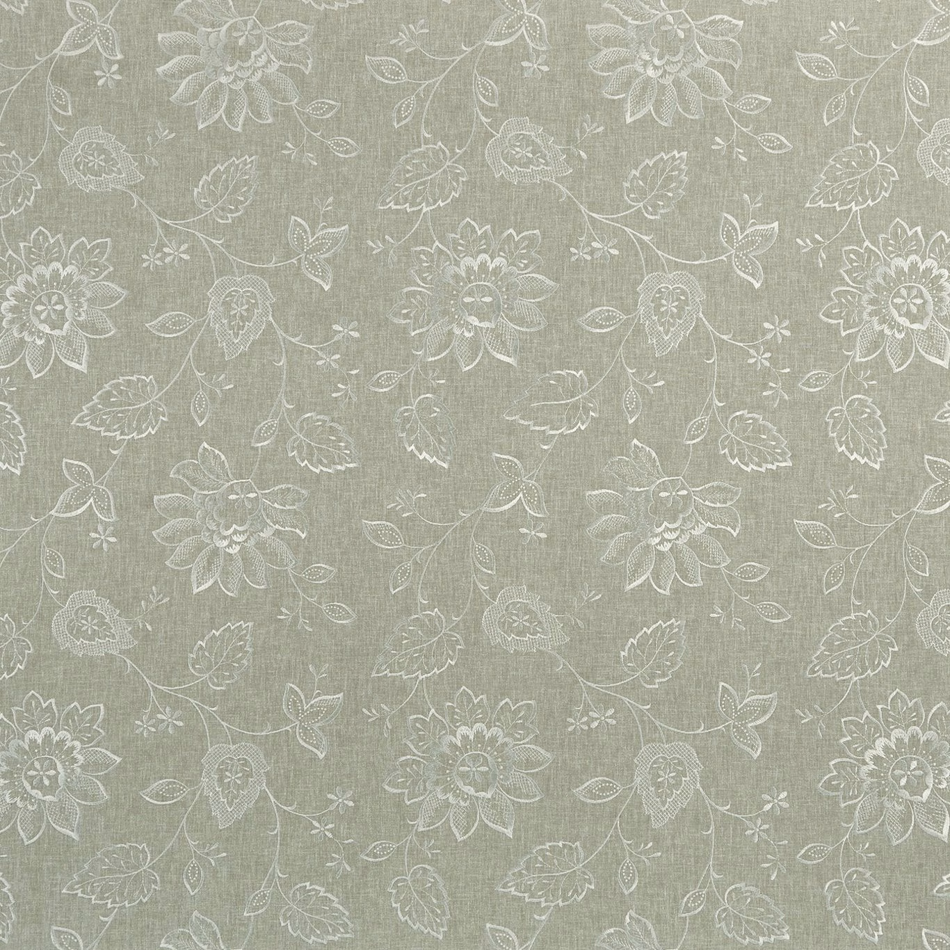 Muted dove-grey sage ground with pale trailing flowers and a fine vertical weave