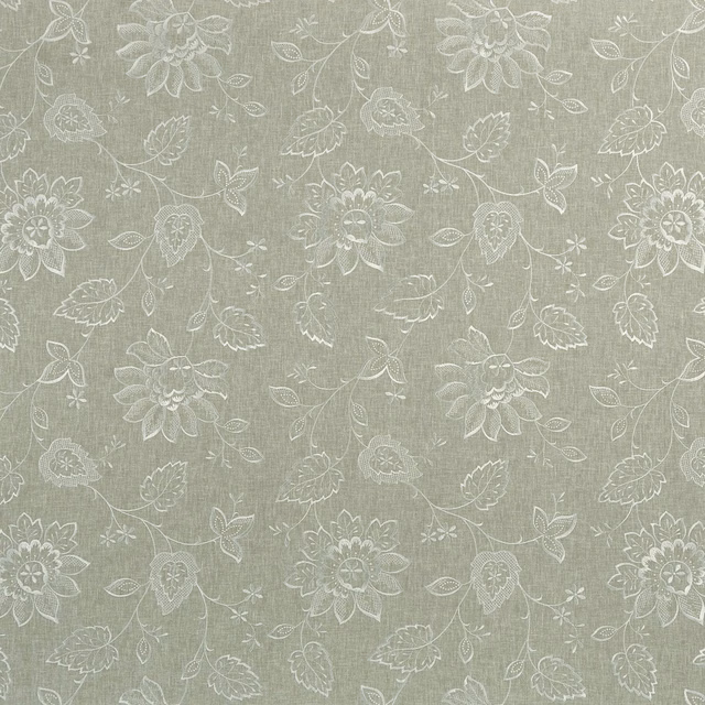 Muted dove-grey sage ground with pale trailing flowers and a fine vertical weave