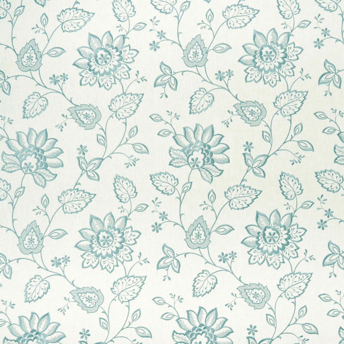 Pale ivory fabric with muted duckegg flowers, leaves and fine woven texture