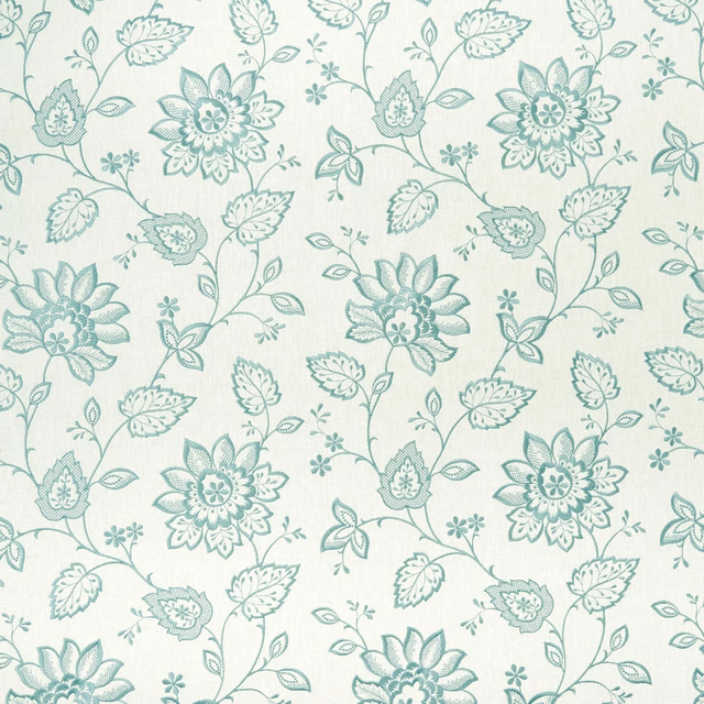 Pale ivory fabric with muted duckegg flowers, leaves and fine woven texture
