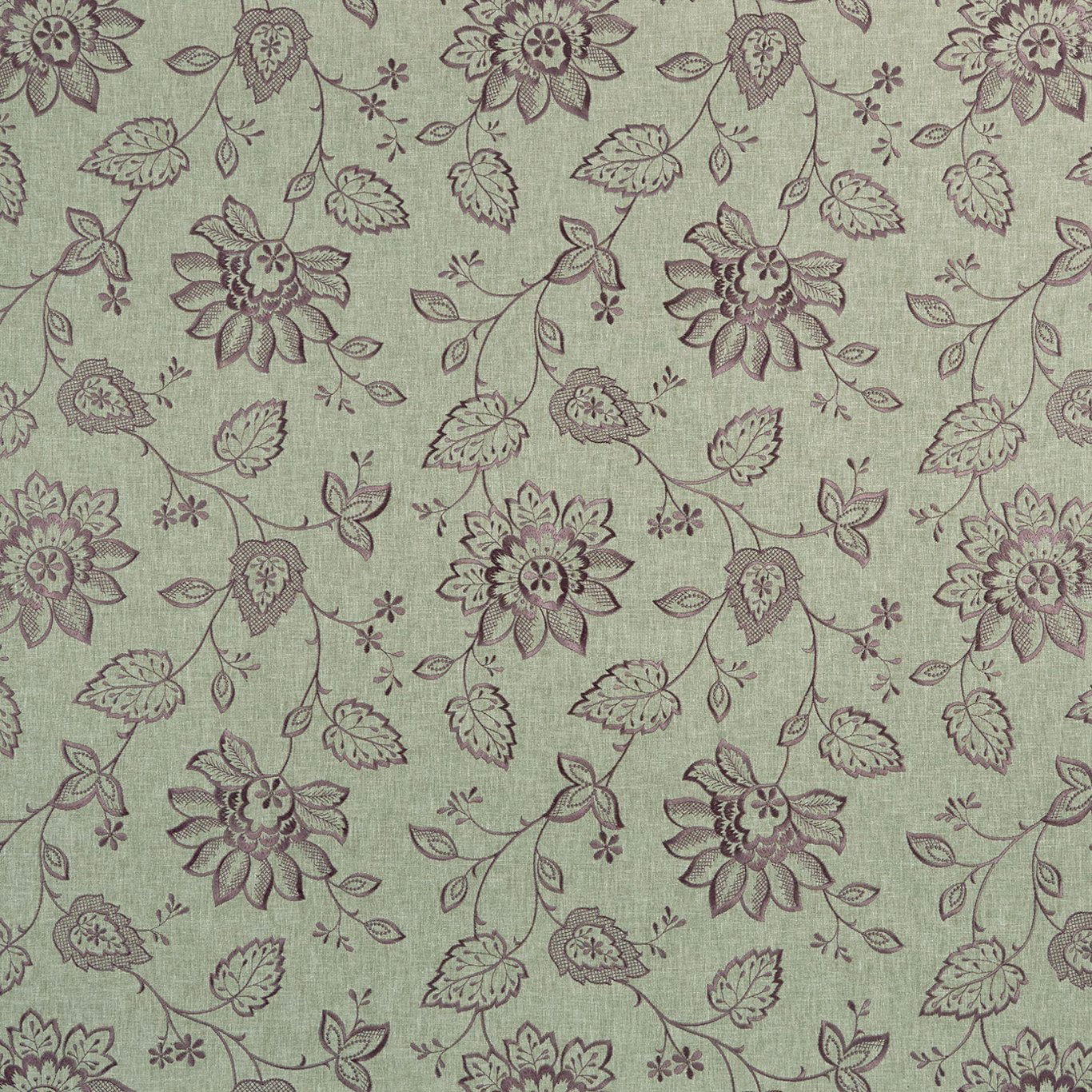 Muted sage-green floral weave with plum outlines, curling stems and stylised blooms