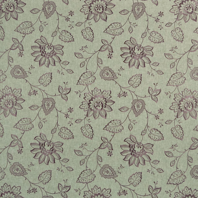 Muted sage-green floral weave with plum outlines, curling stems and stylised blooms