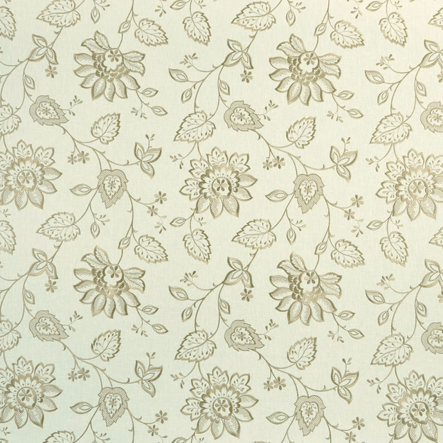 Cream linen-look fabric with muted sage floral vines, leaves and layered blooms