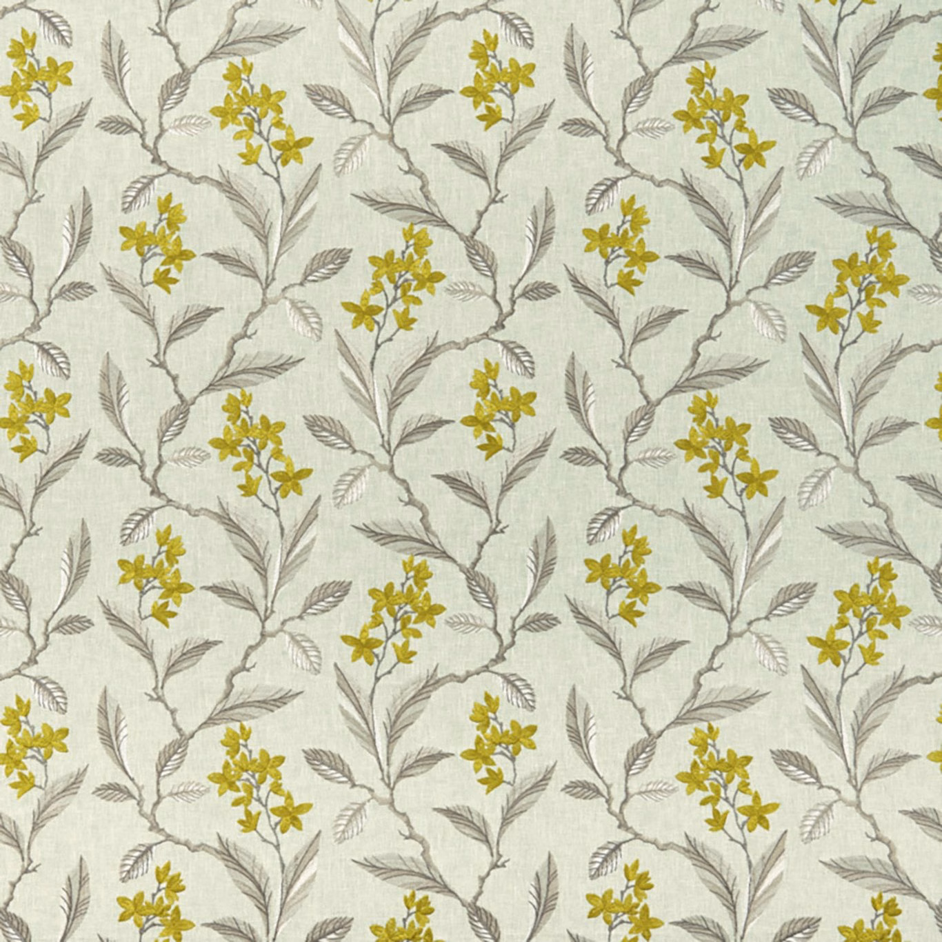 Pale sage botanical textile with grey branches and chartreuse flower clusters