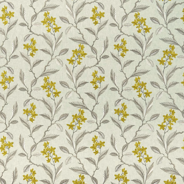 Pale sage botanical textile with grey branches and chartreuse flower clusters