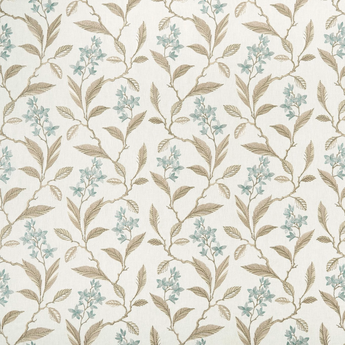 Cream textile with duckegg blossom sprigs and taupe leafy branches in a repeating weave