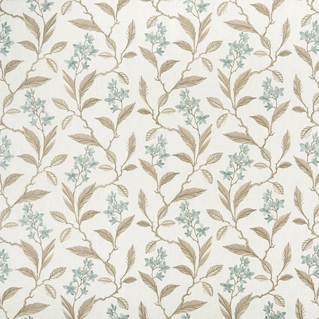 Cream textile with duckegg blossom sprigs and taupe leafy branches in a repeating weave