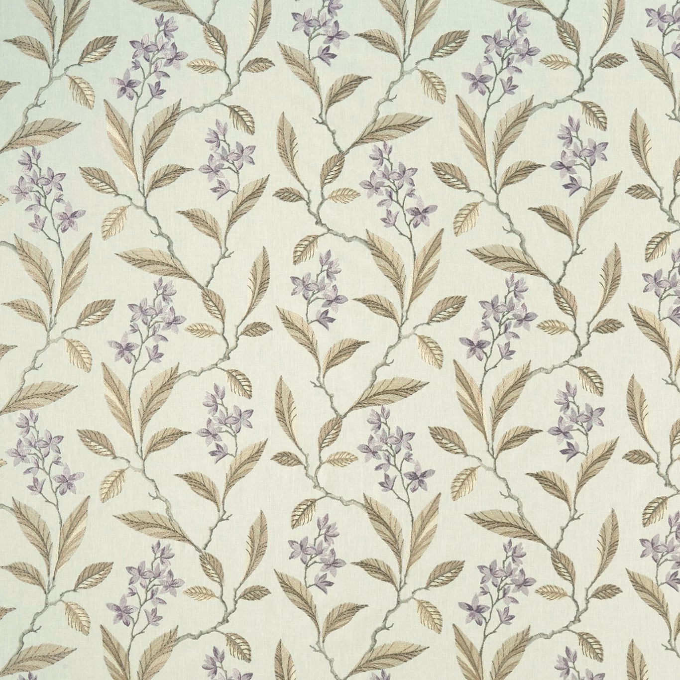 Pale heather floral fabric with lavender blossoms, taupe leaves and trailing vines