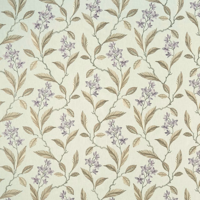 Pale heather floral fabric with lavender blossoms, taupe leaves and trailing vines