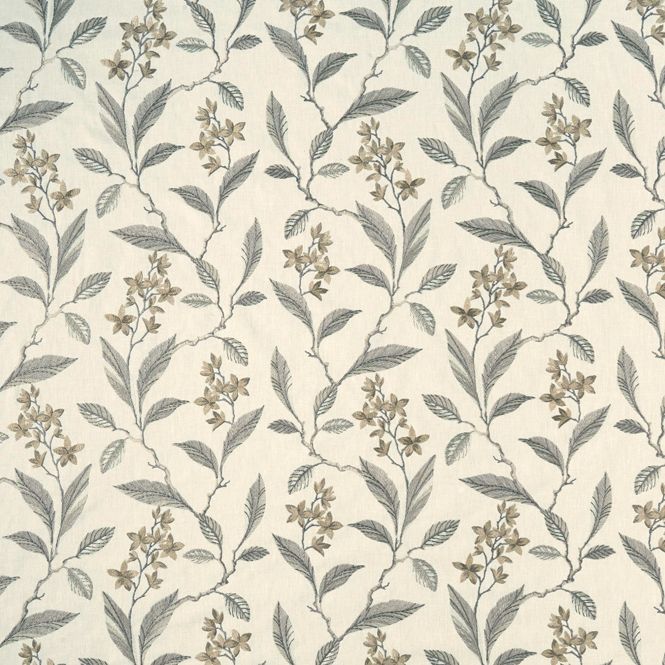 Natural botanical fabric with sage-grey leaves and taupe flower clusters on a cream ground