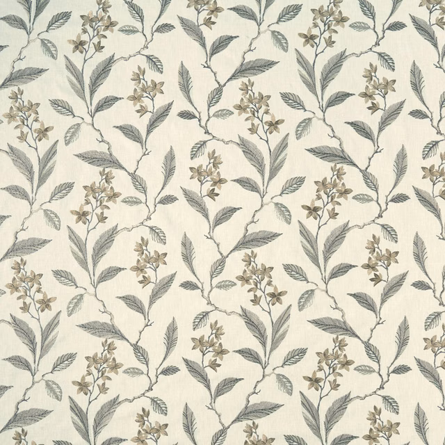 Natural botanical fabric with sage-grey leaves and taupe flower clusters on a cream ground
