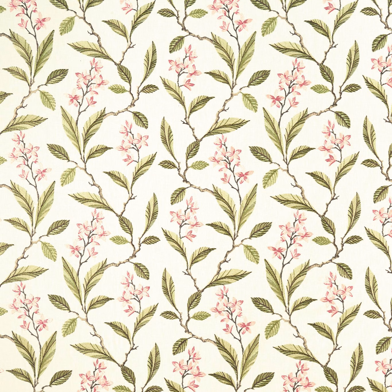Ivory floral textile with pink blossom sprigs and apple-green leafy branches