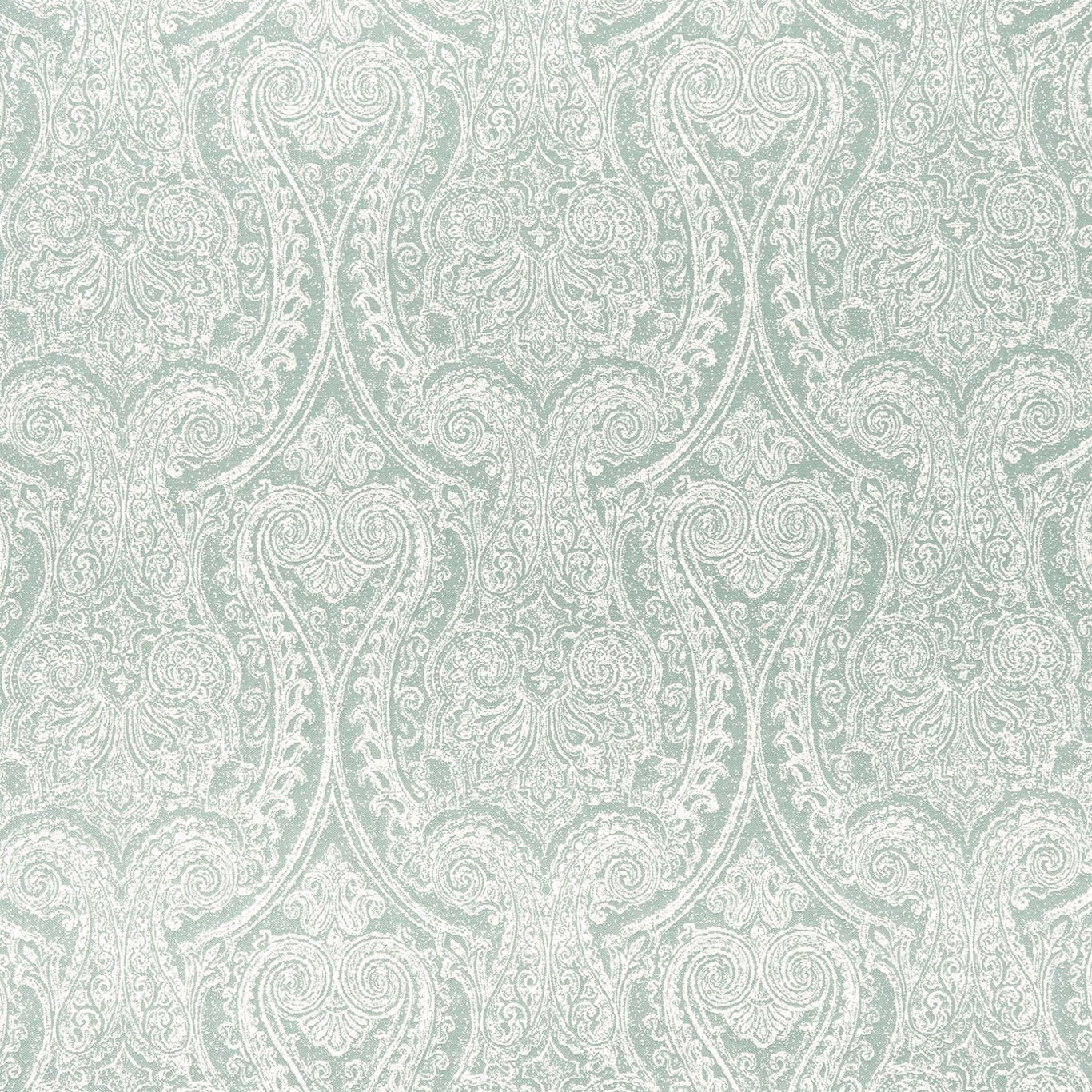 Pale duck-egg teal fabric with intricate ivory paisley and floral scrolls
