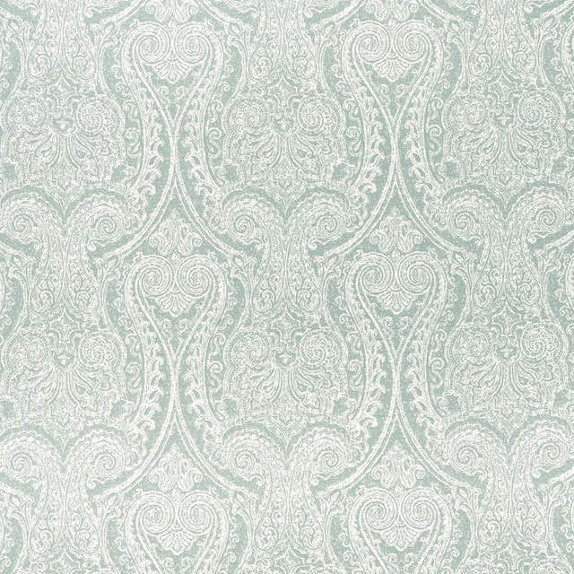 Pale duck-egg teal fabric with intricate ivory paisley and floral scrolls