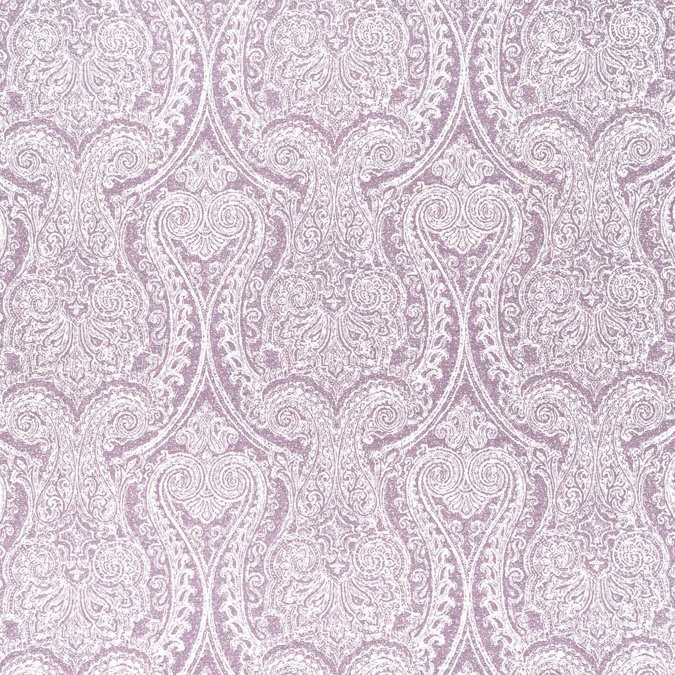 Heather lilac damask fabric with pale scrolling paisley and floral motifs