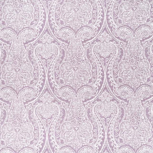 Heather lilac damask fabric with pale scrolling paisley and floral motifs