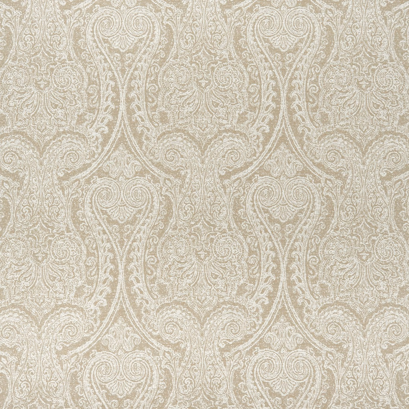 Pale greige woven damask with scrolling paisley forms and softly raised texture