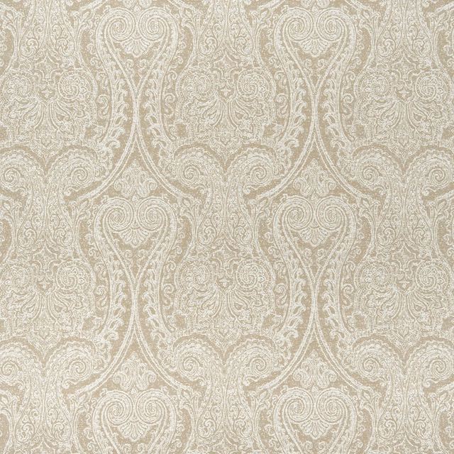Pale greige woven damask with scrolling paisley forms and softly raised texture