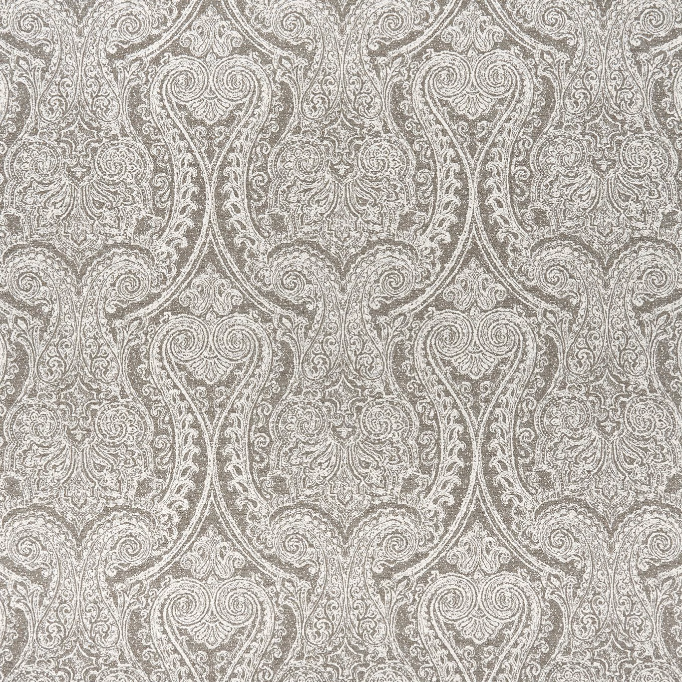 Mocha taupe woven fabric with ivory paisley hearts and dense scrolling texture