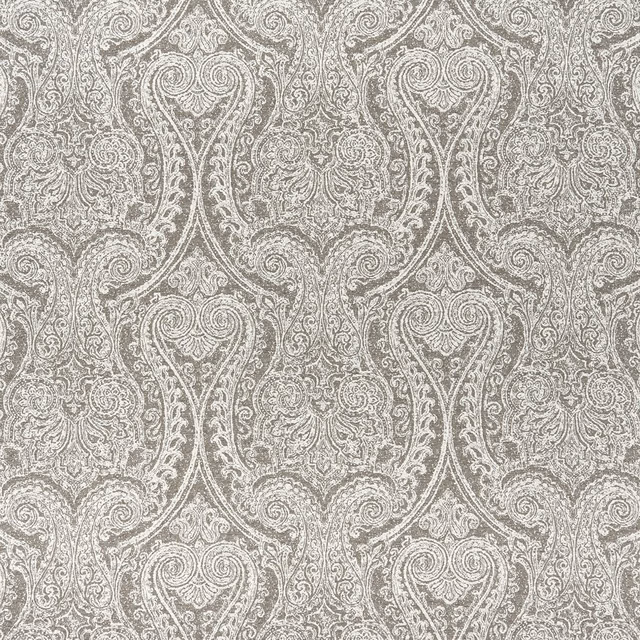 Mocha taupe woven fabric with ivory paisley hearts and dense scrolling texture