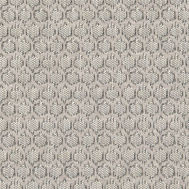 Cool grey-charcoal woven fabric with small dotted teardrop floral motifs