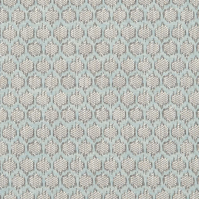 Pale duckegg-blue weave with repeating ivory geometric floral motifs